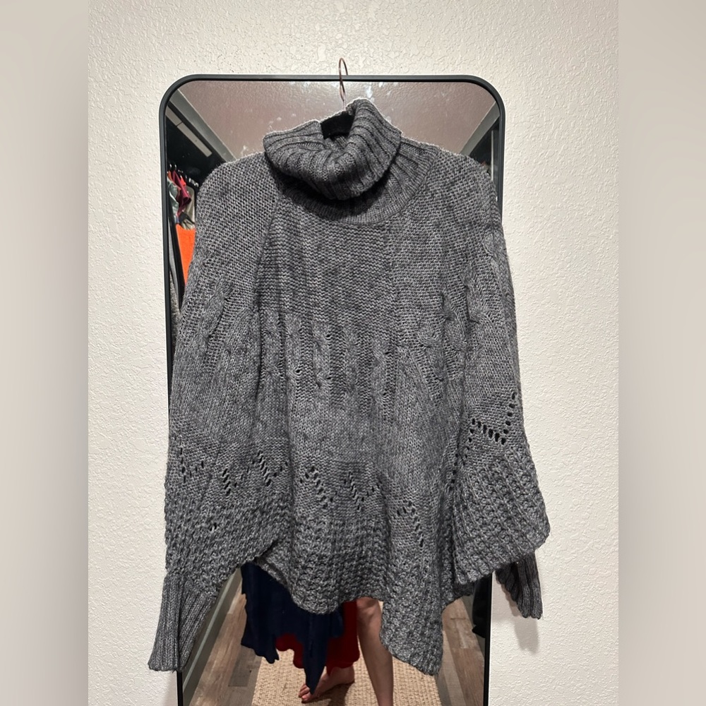 Iperico Women O/S Poncho Sweater Gray Wool Acrylic Mohair Cable Turtleneck Italy